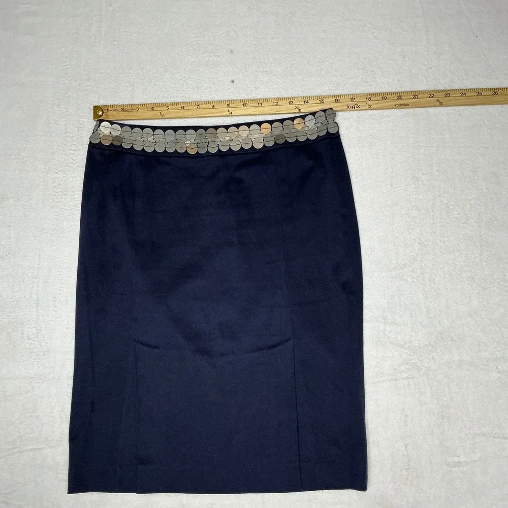 Tory‎ Burch Navy Blue Pencil Skirt Sequined Embellished Waist Slit Size 6